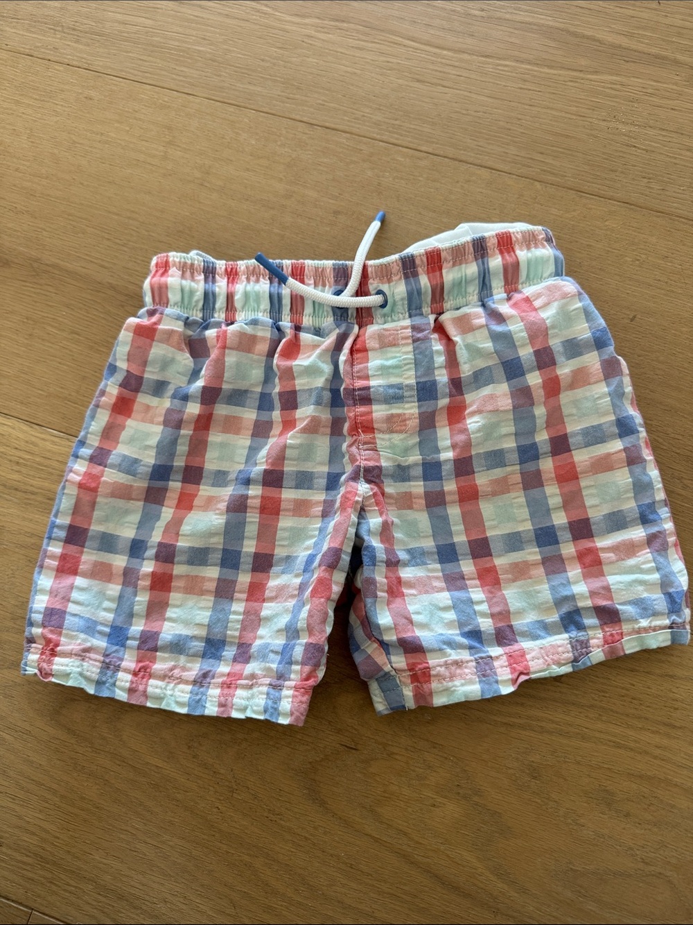 Kids Swim Shorts - Plaid Pull-On Shorts in Red, Blue & White